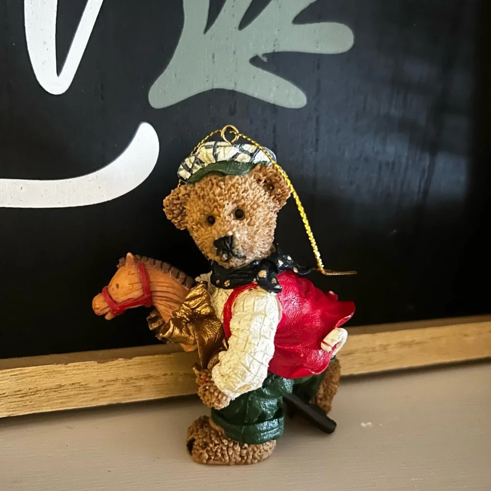 Vintage Kirkland Charming Teddy Bear Riding Stick Horse Christmas Ornament